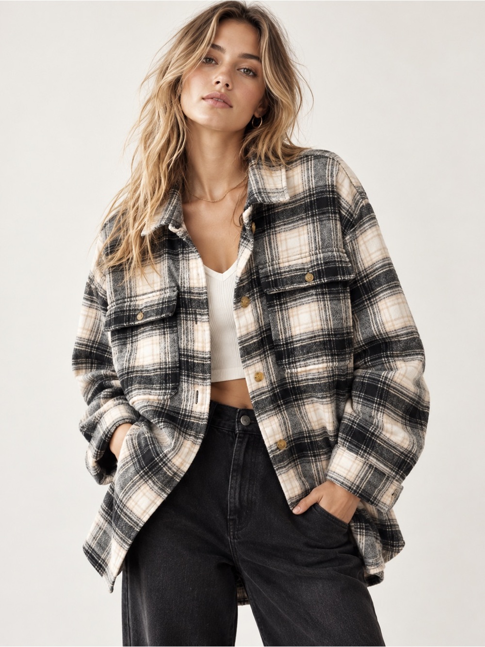Banana Republic Black and Cream Plaid Button-Front Shacket